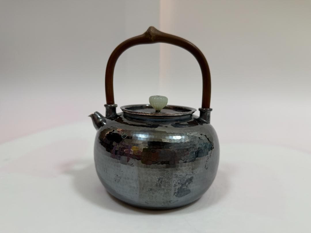 純銀製 玉石摘 鎚目紋 湯沸 銀瓶 煎茶道具