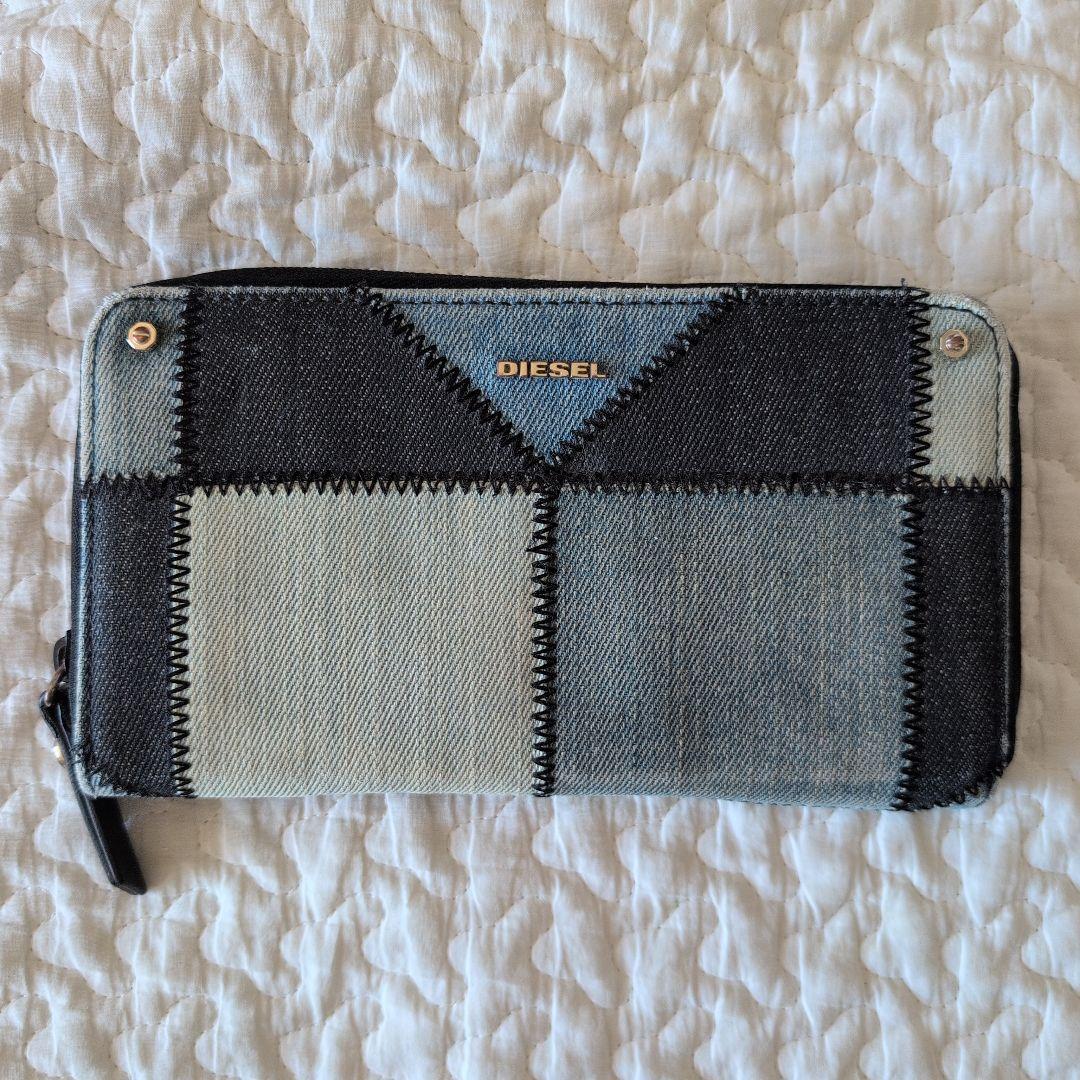 DIESEL　ディーゼル　長財布　デニム地　ブルー　ラウンドジップ　パッチワーク