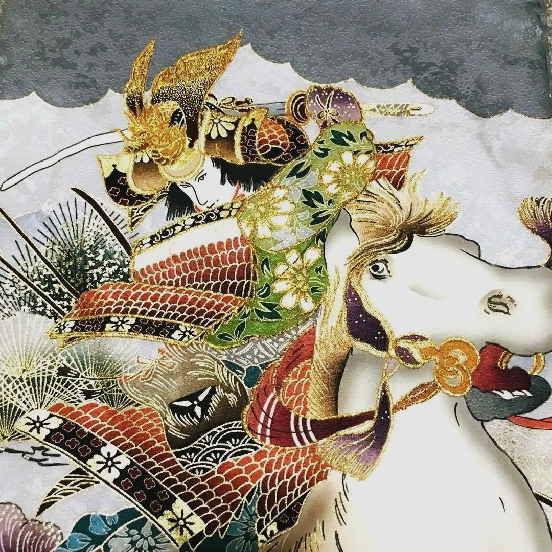 【新品】正絹 若武者 濃グレー❗️豪華金刺繍/お宮参り 産着 男の子/馬 午年