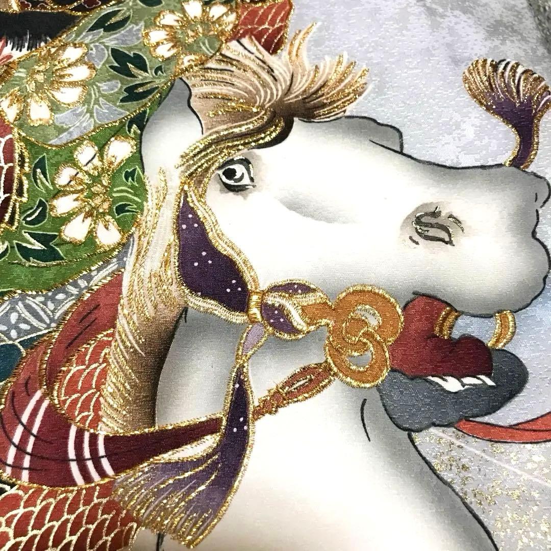 【新品】正絹 若武者 濃グレー❗️豪華金刺繍/お宮参り 産着 男の子/馬 午年