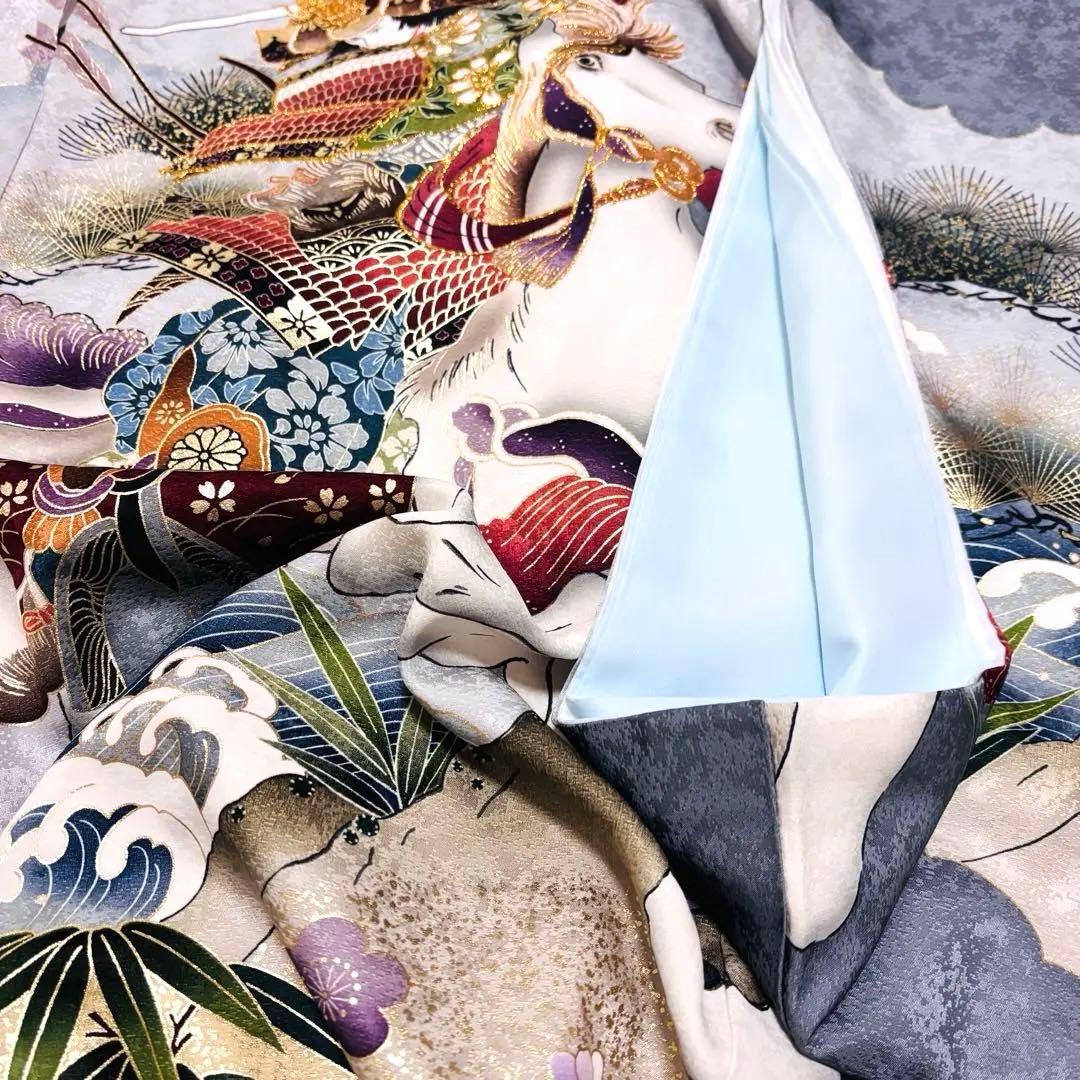 【新品】正絹 若武者 濃グレー❗️豪華金刺繍/お宮参り 産着 男の子/馬 午年