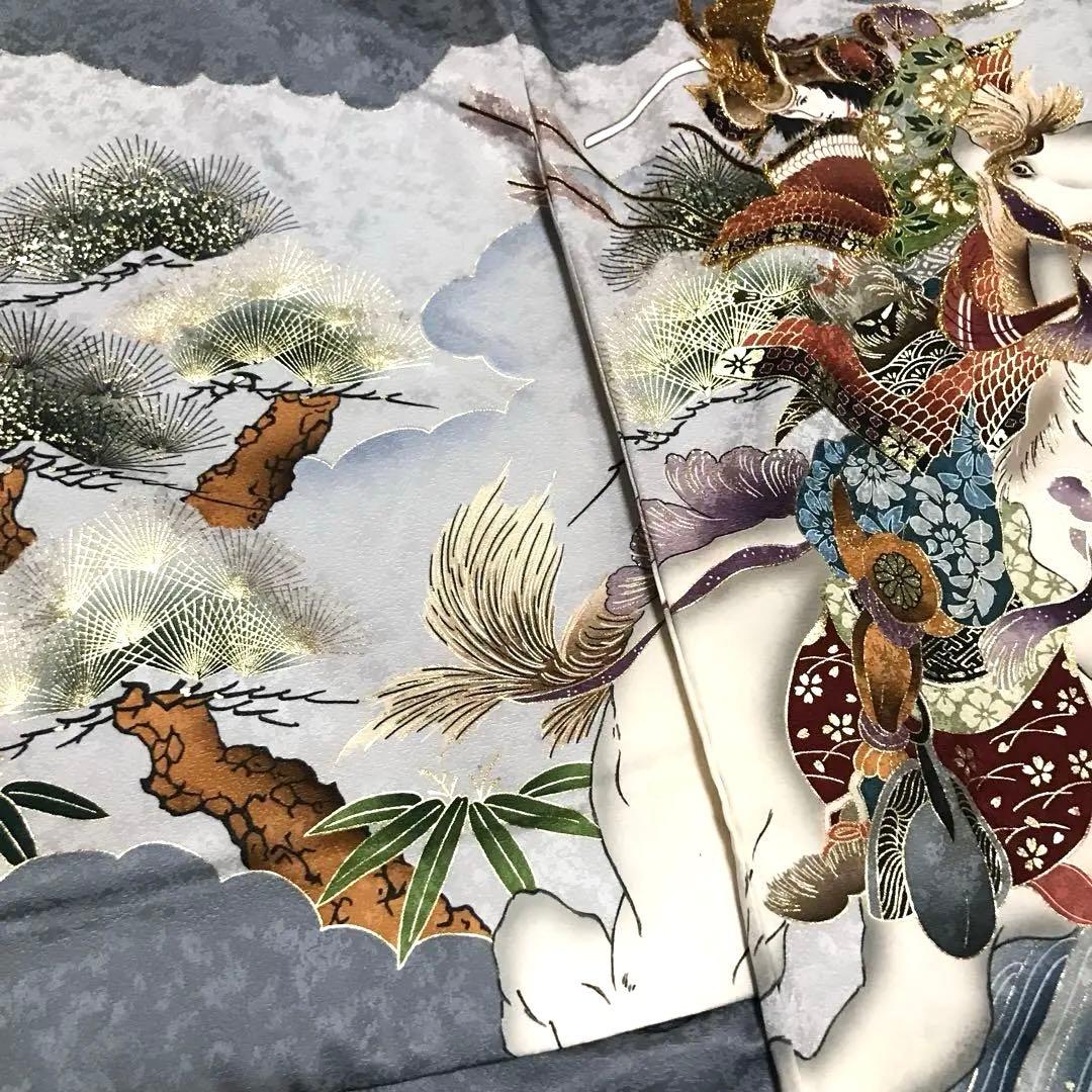 【新品】正絹 若武者 濃グレー❗️豪華金刺繍/お宮参り 産着 男の子/馬 午年