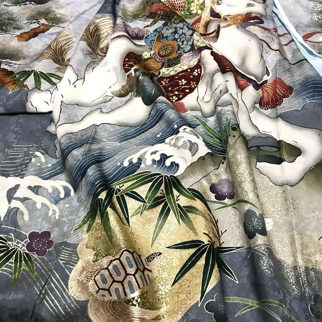 【新品】正絹 若武者 濃グレー❗️豪華金刺繍/お宮参り 産着 男の子/馬 午年