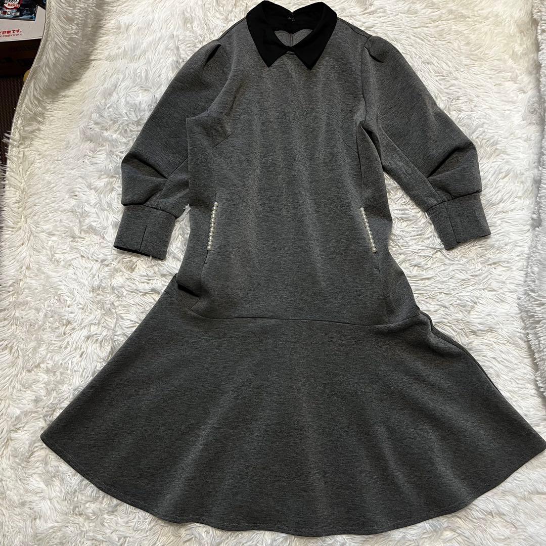 極美品 ストラ 2way 衿取り外しパール付き ワンピース フレア グレー 40