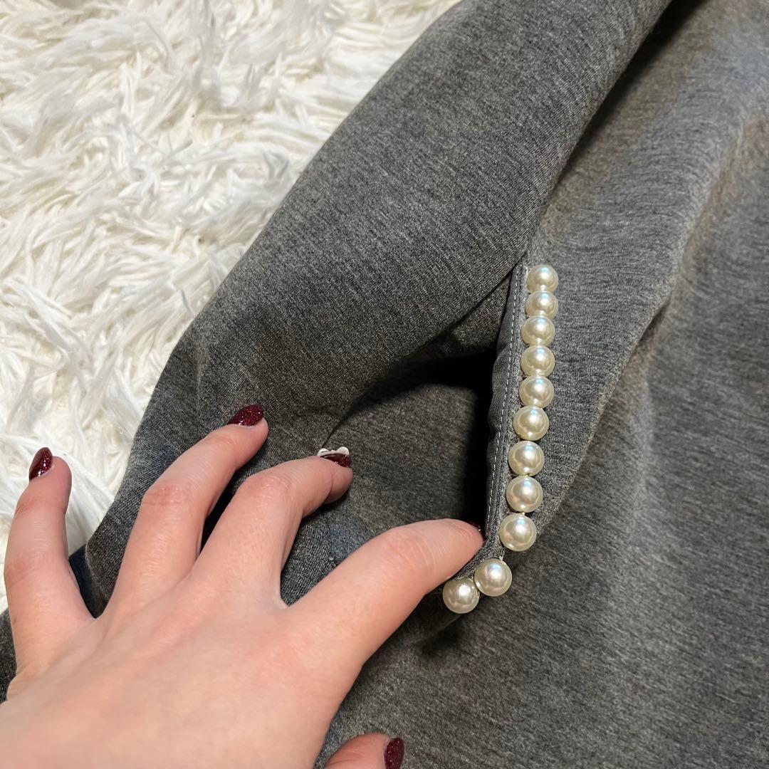 極美品 ストラ 2way 衿取り外しパール付き ワンピース フレア グレー 40