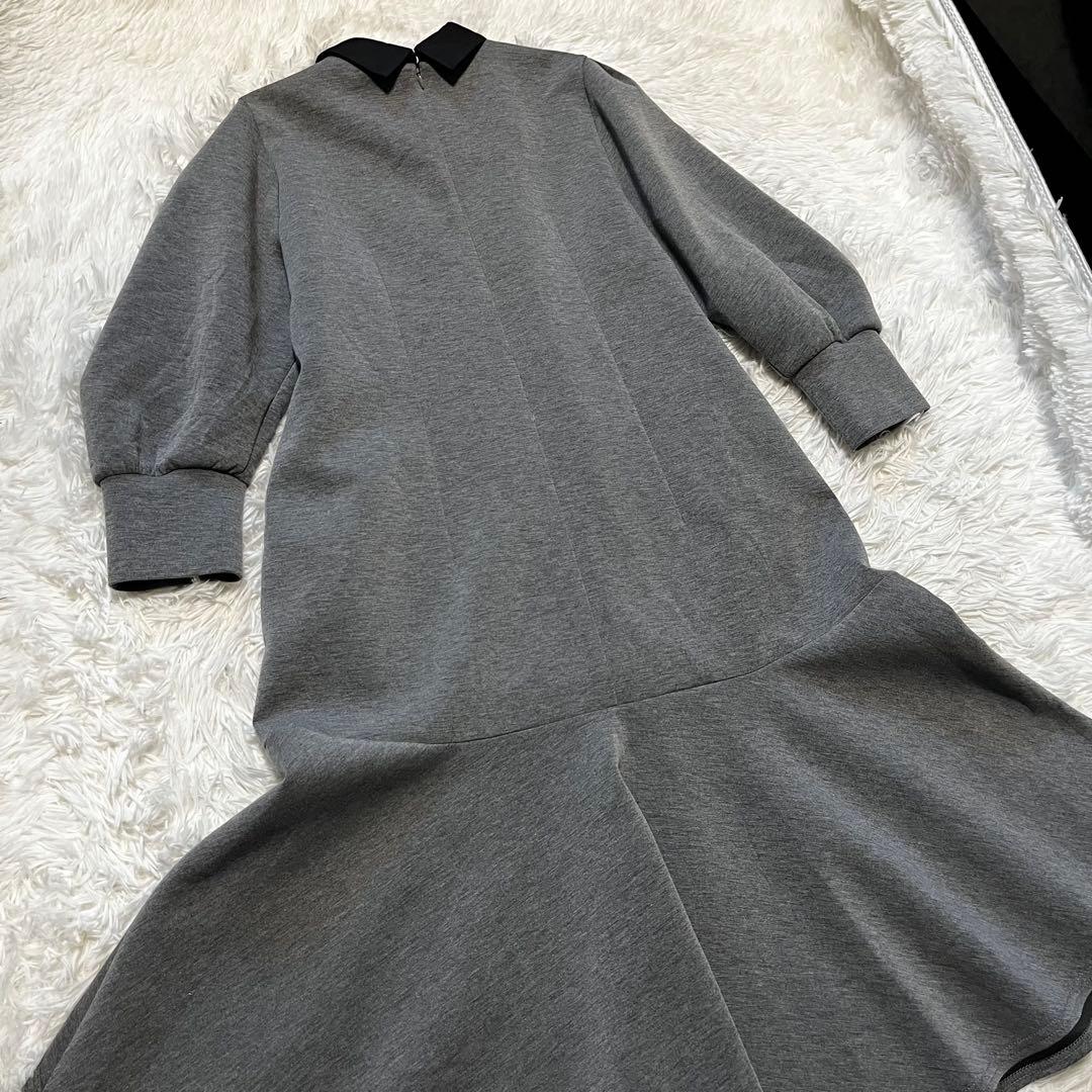 極美品 ストラ 2way 衿取り外しパール付き ワンピース フレア グレー 40