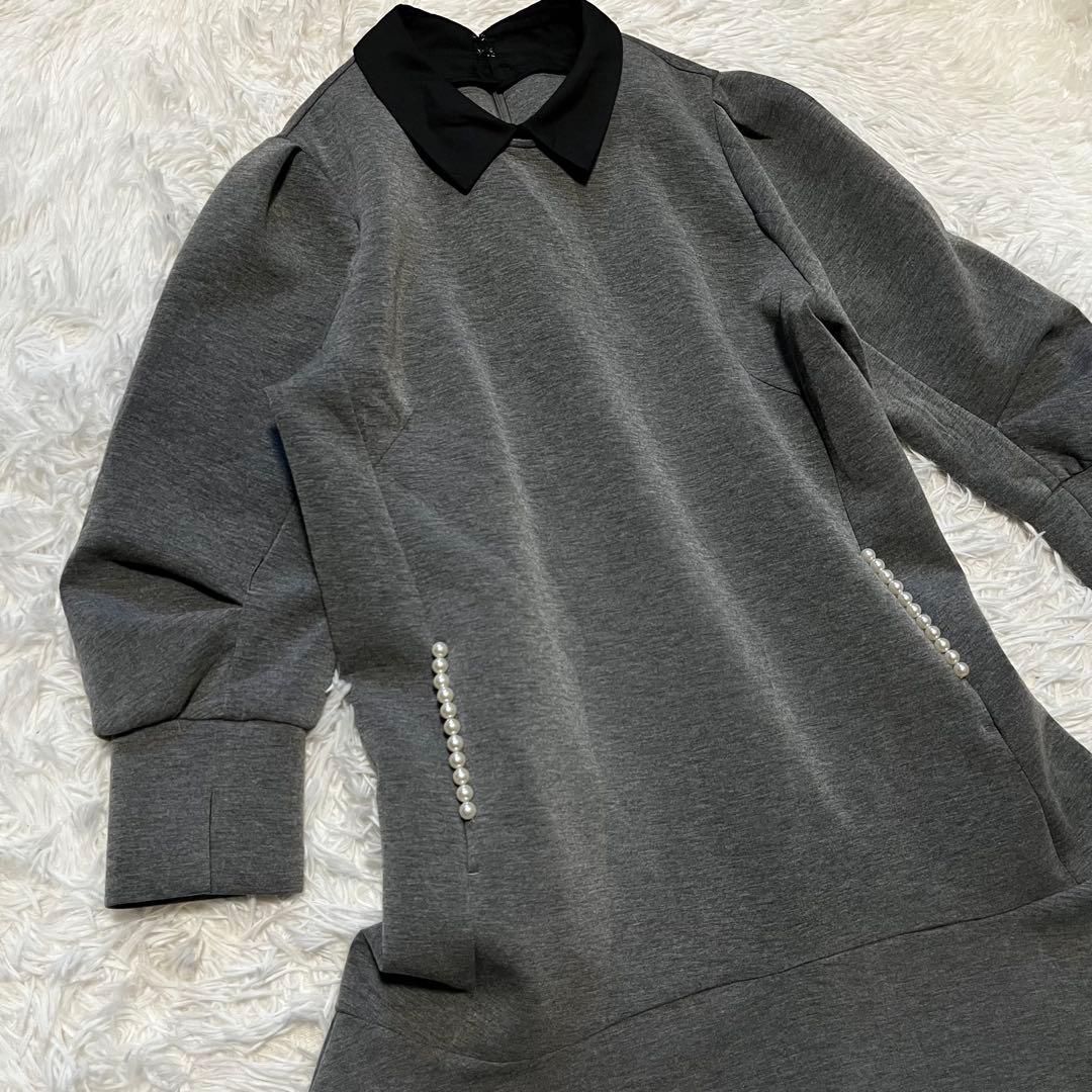 極美品 ストラ 2way 衿取り外しパール付き ワンピース フレア グレー 40