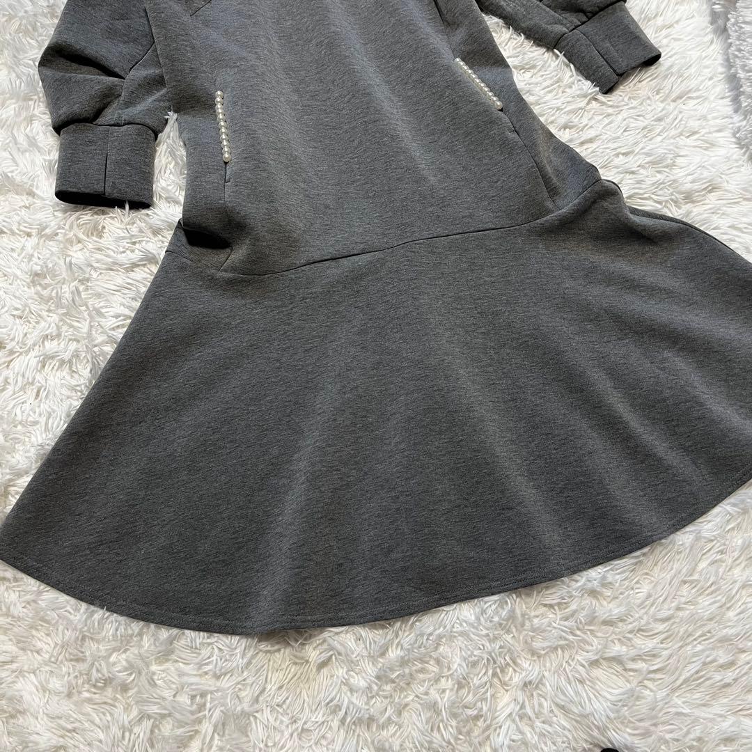 極美品 ストラ 2way 衿取り外しパール付き ワンピース フレア グレー 40