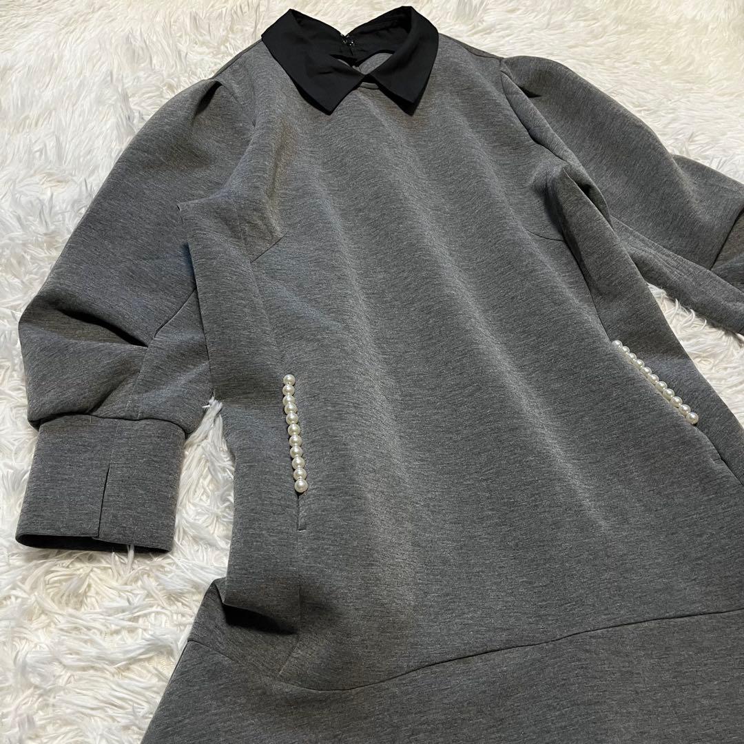 極美品 ストラ 2way 衿取り外しパール付き ワンピース フレア グレー 40