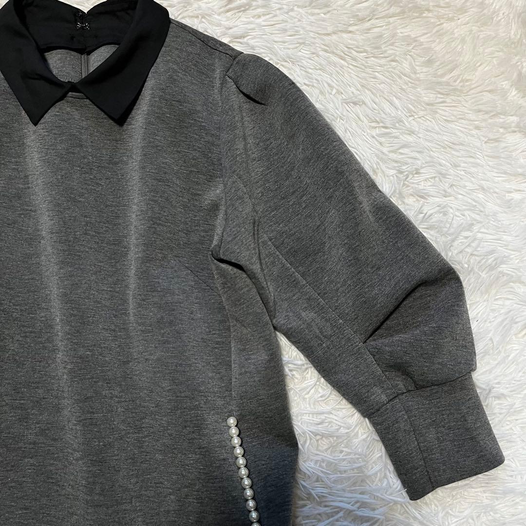 極美品 ストラ 2way 衿取り外しパール付き ワンピース フレア グレー 40