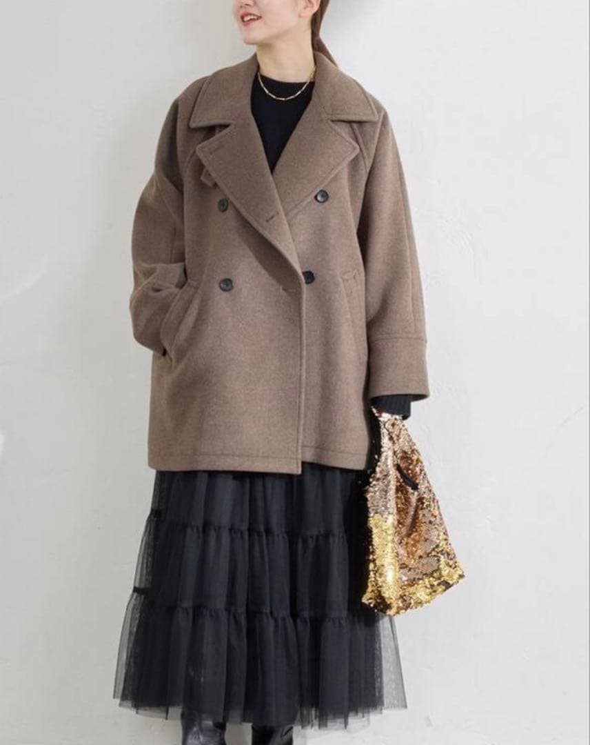 IENA ステンカラー　ダブルブレストピーコート　38 モカグレー/グレージュ