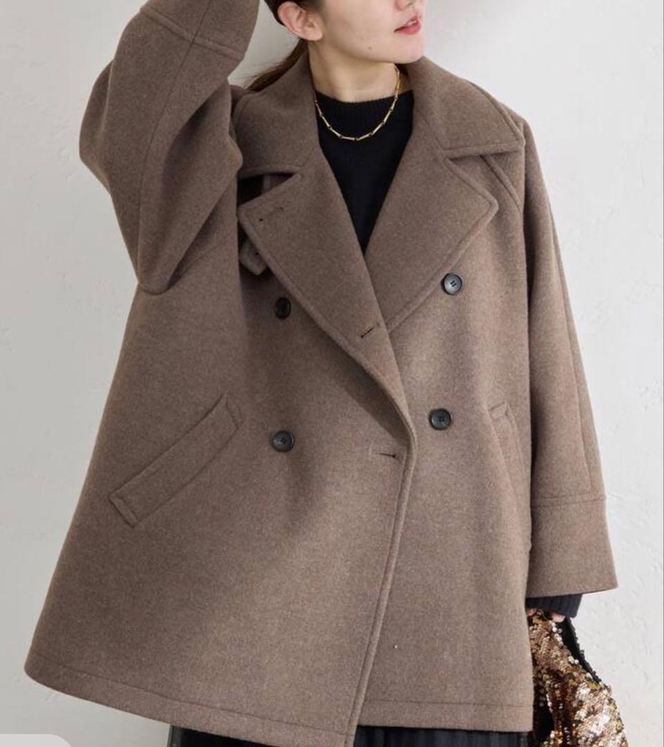 IENA ステンカラー　ダブルブレストピーコート　38 モカグレー/グレージュ