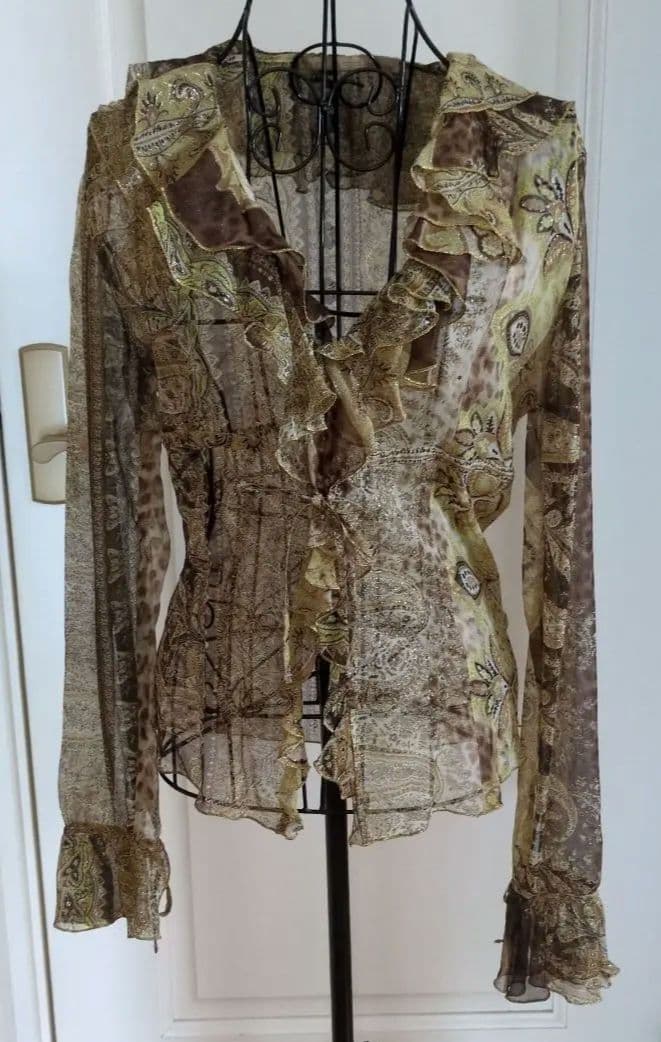 クラスロベルトカヴァリ　シルクシースルー長袖シャツ フリル付き ブラウン系