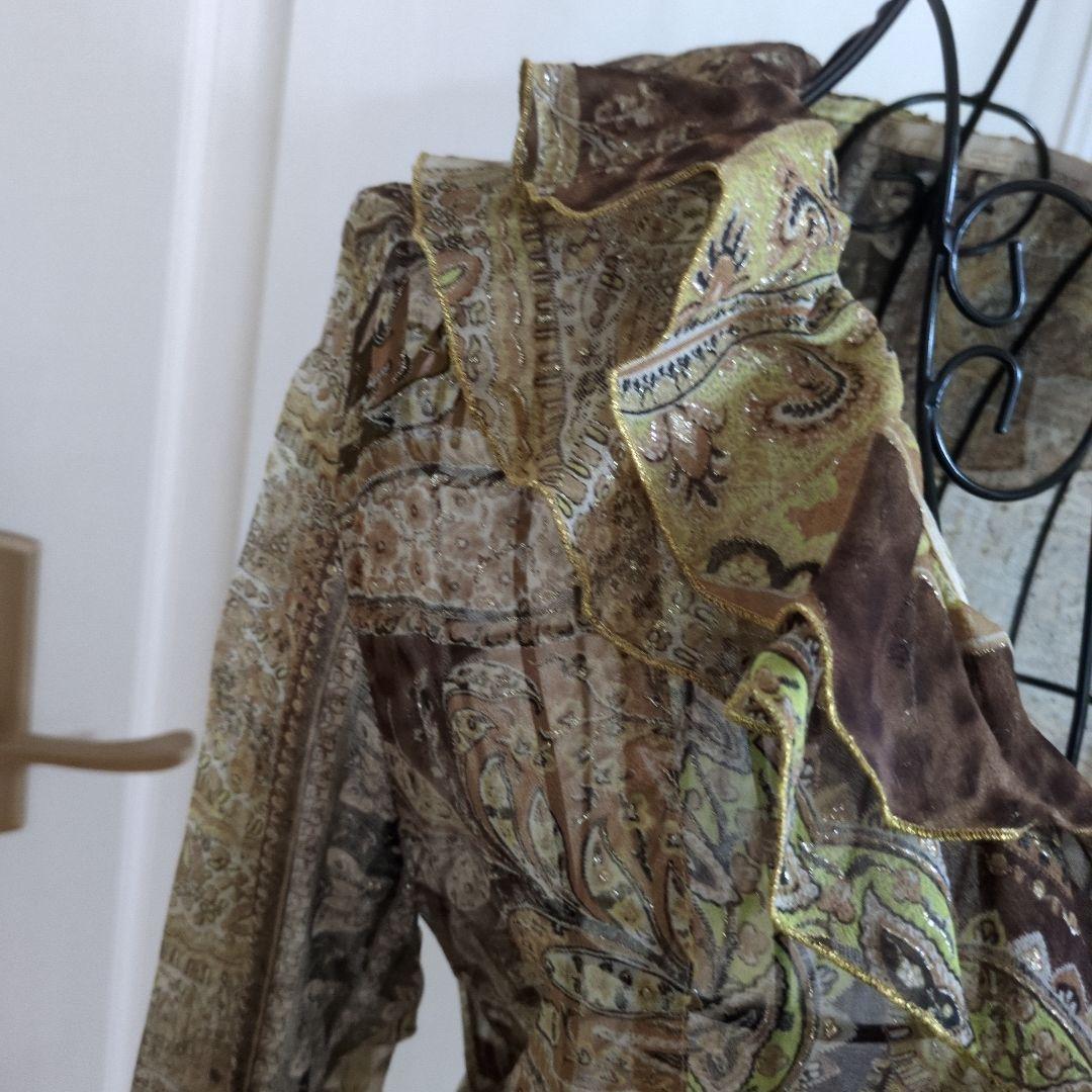 クラスロベルトカヴァリ　シルクシースルー長袖シャツ フリル付き ブラウン系