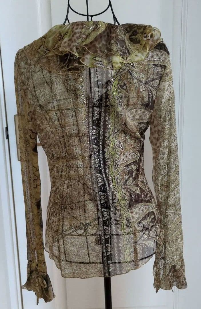 クラスロベルトカヴァリ　シルクシースルー長袖シャツ フリル付き ブラウン系