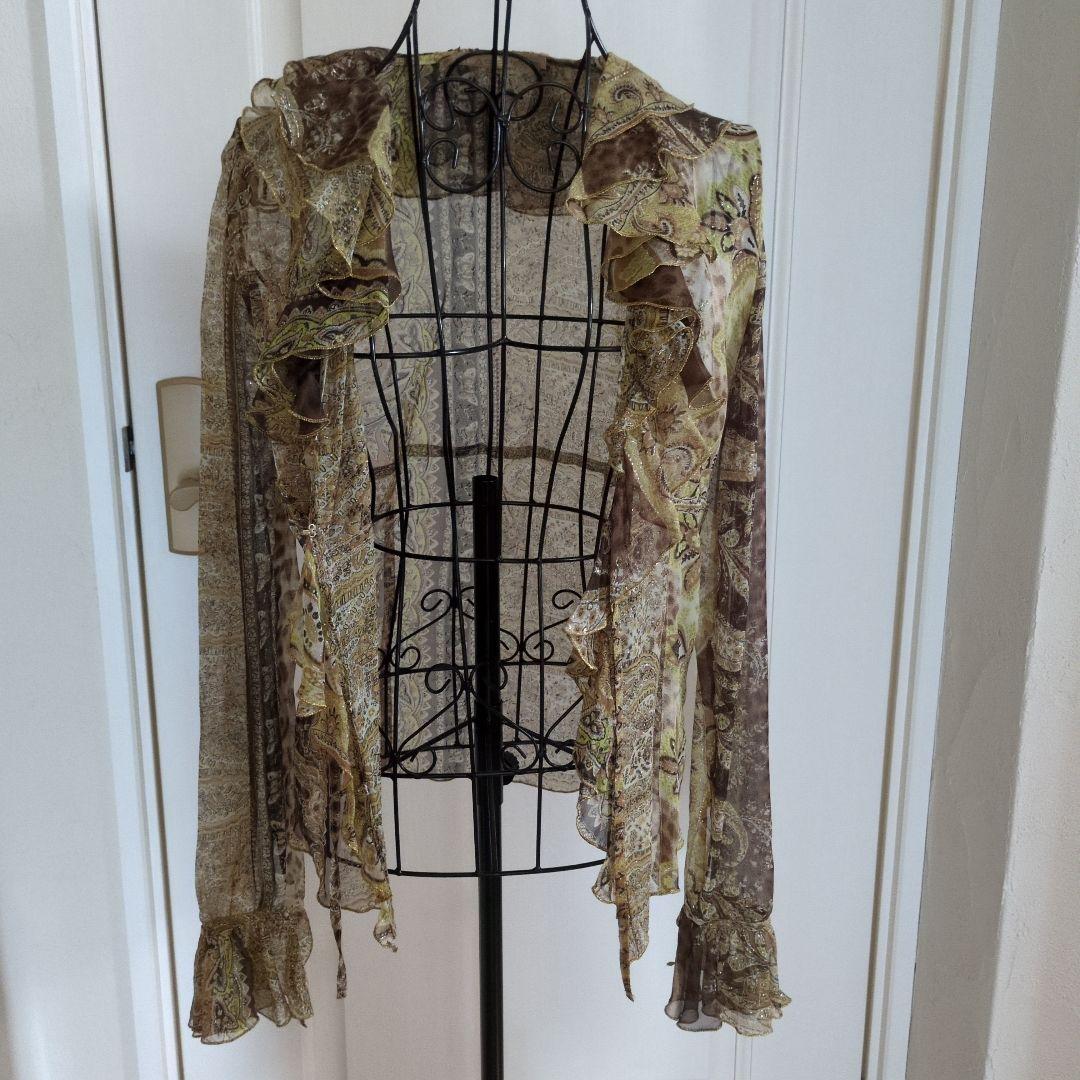 クラスロベルトカヴァリ　シルクシースルー長袖シャツ フリル付き ブラウン系