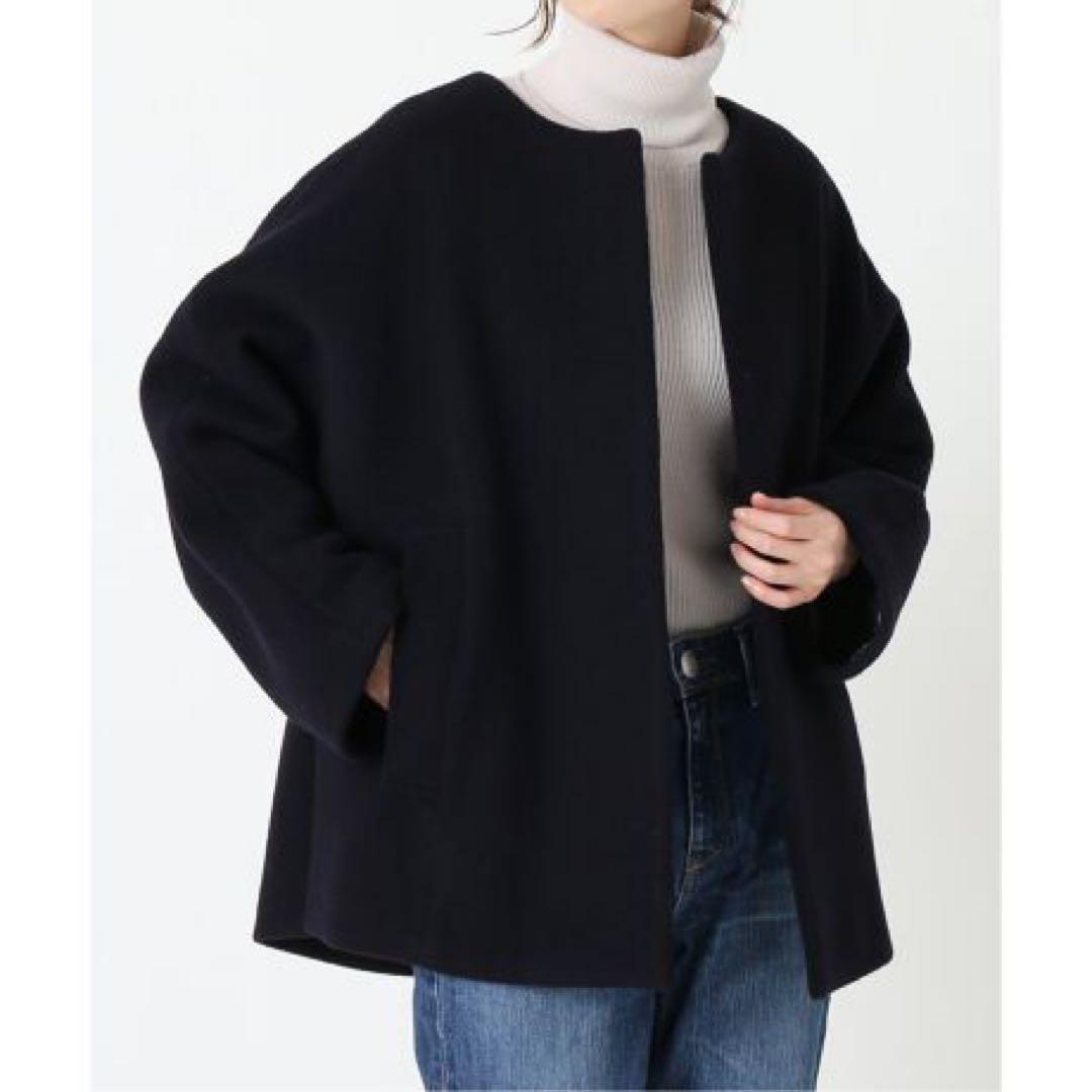 IENA ノーカラービーバーショートコート ネイビー 38