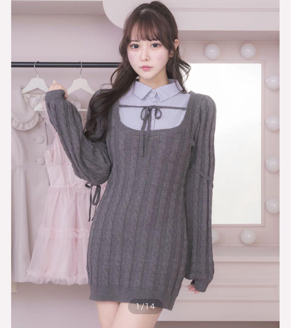 Pium ピウム レイヤードケーブルニットワンピ チャコール