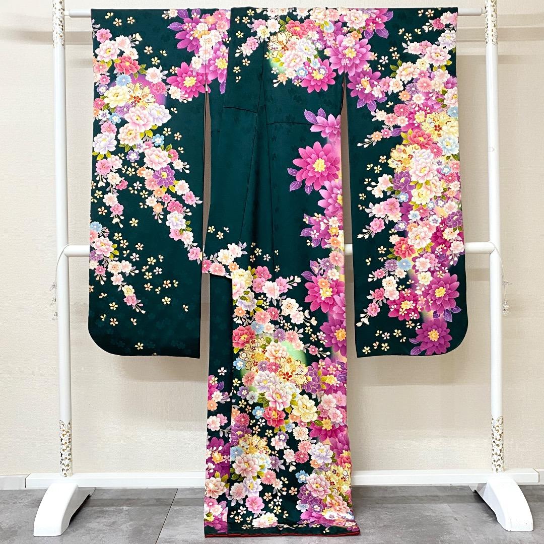 ⭐︎K0690 正絹 振袖 レンタル店放出品 緑 ガード加工 花柄 13号