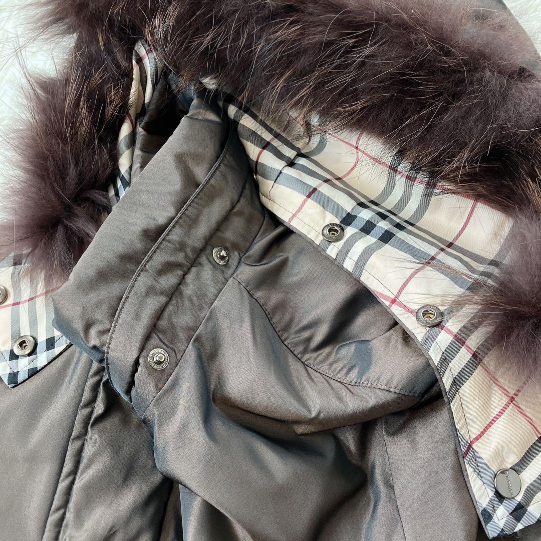 希少　バーバリーロンドン　モッズコート　ノバチェック　リアルファー　ダウン