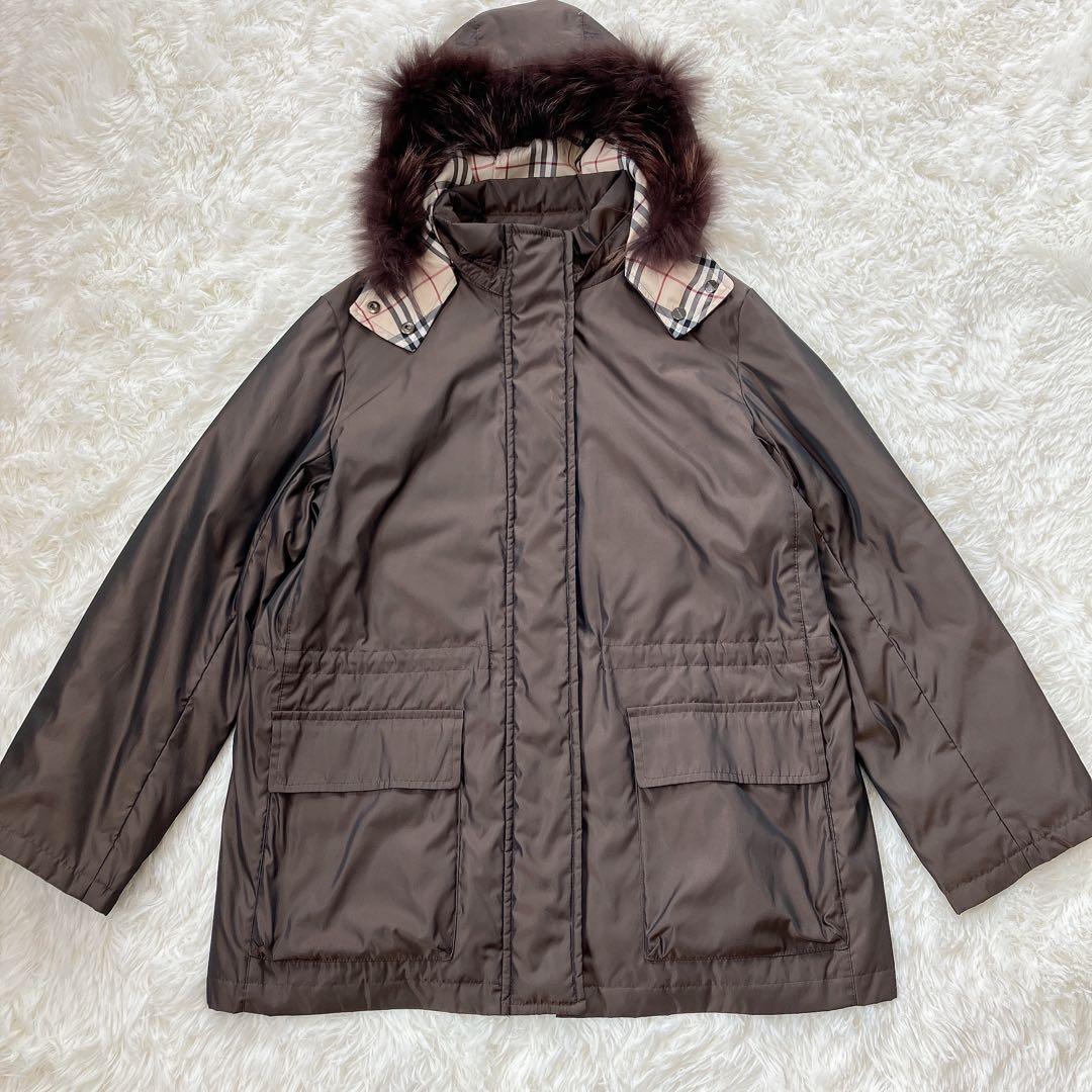 希少　バーバリーロンドン　モッズコート　ノバチェック　リアルファー　ダウン