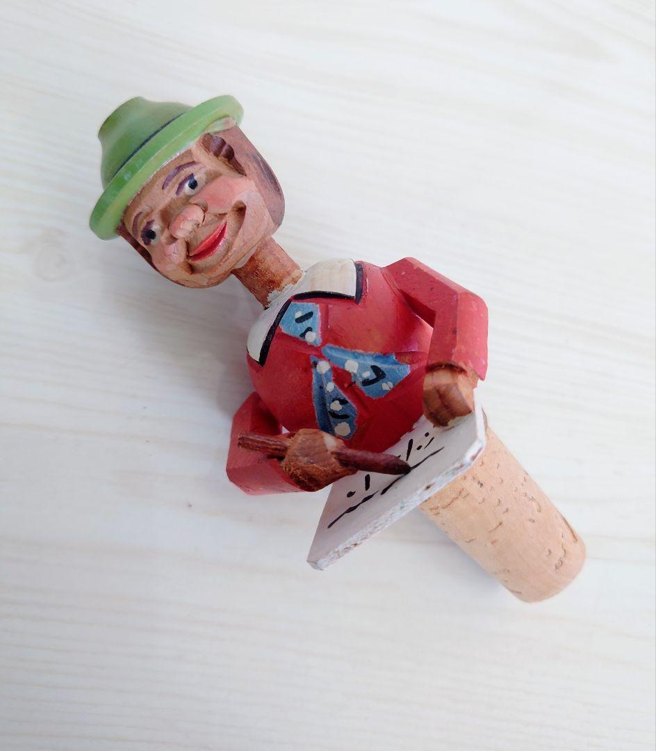 アンティーク　木彫り　人形からくり ボトルストッパー　4個