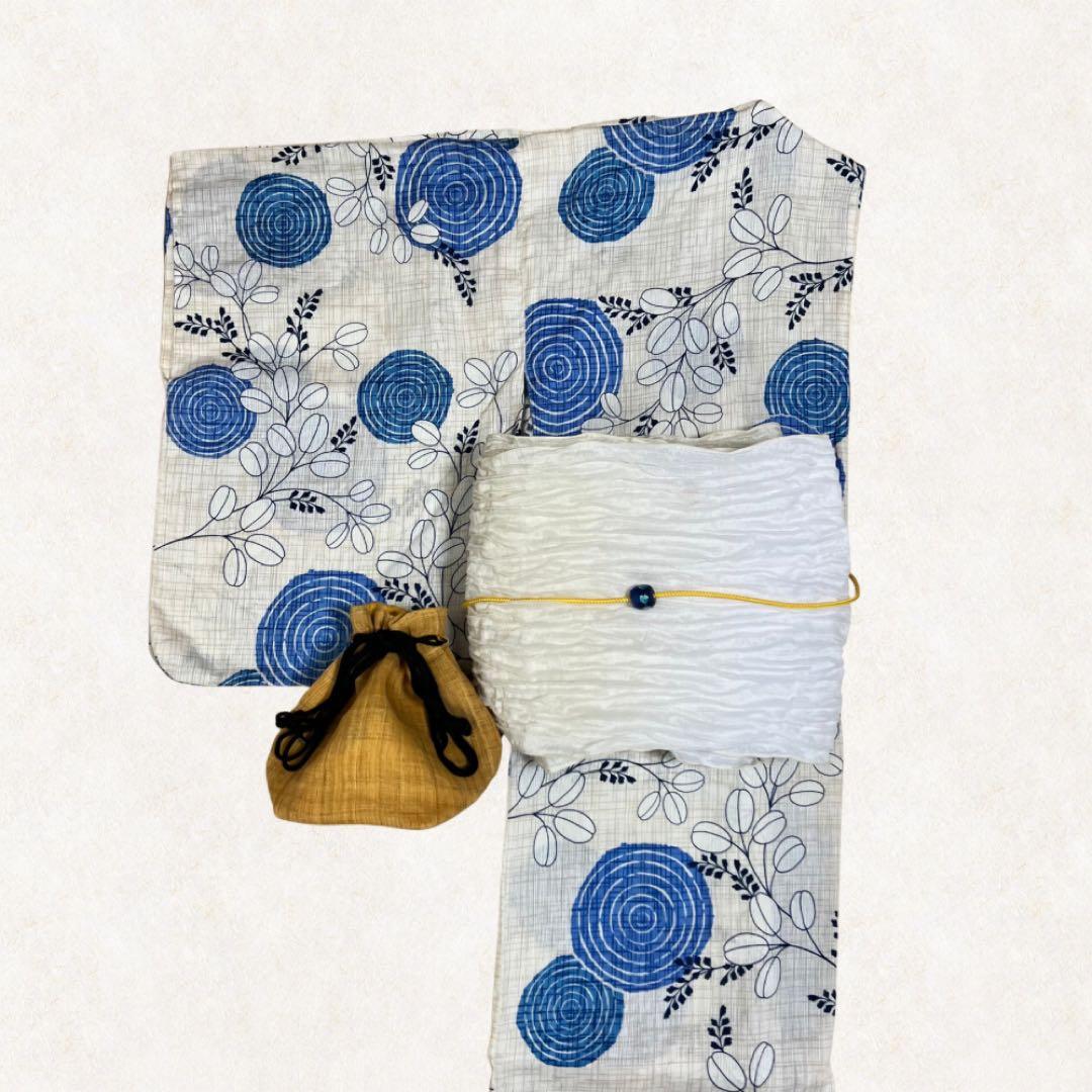 浴衣セット　大人っぽい　涼しげ　綿麻浴衣　兵児帯　帯留•丸紐プレゼント　夏着物