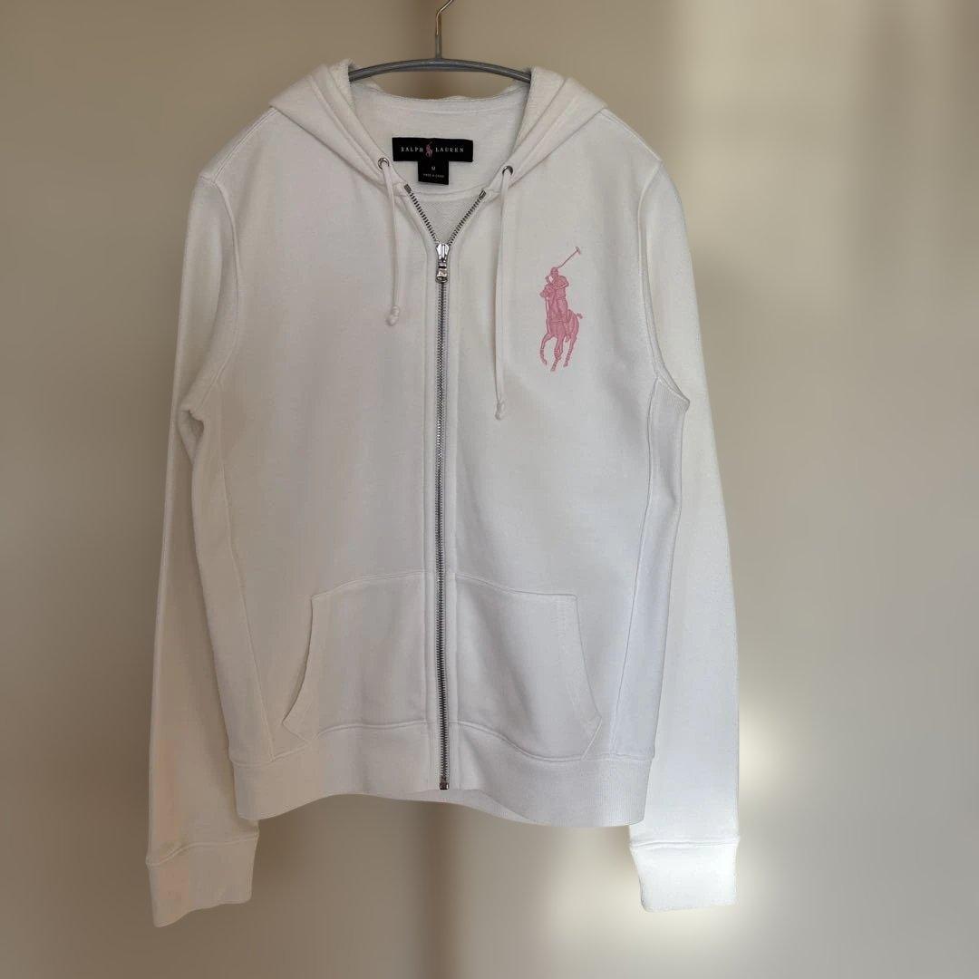 ラルフローレン　ビックポニー　ピンク刺繍　白パーカー　ジップアップ