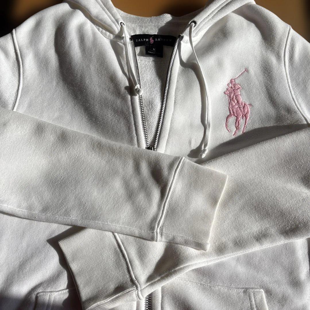 ラルフローレン　ビックポニー　ピンク刺繍　白パーカー　ジップアップ