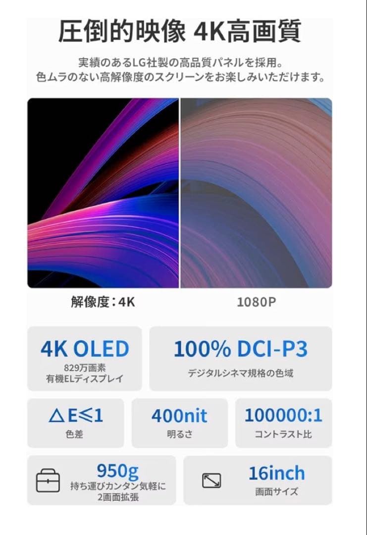 EWEI モバイルモニター 有機EL 4K タッチパネル非対応