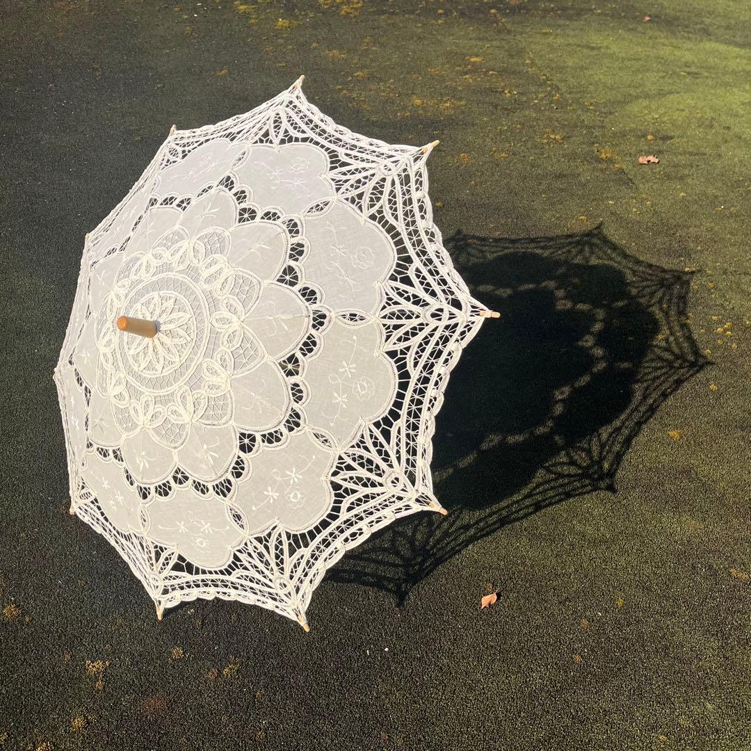 【未使用】ヴィンテージ アンティークレース長日傘/生成り木製