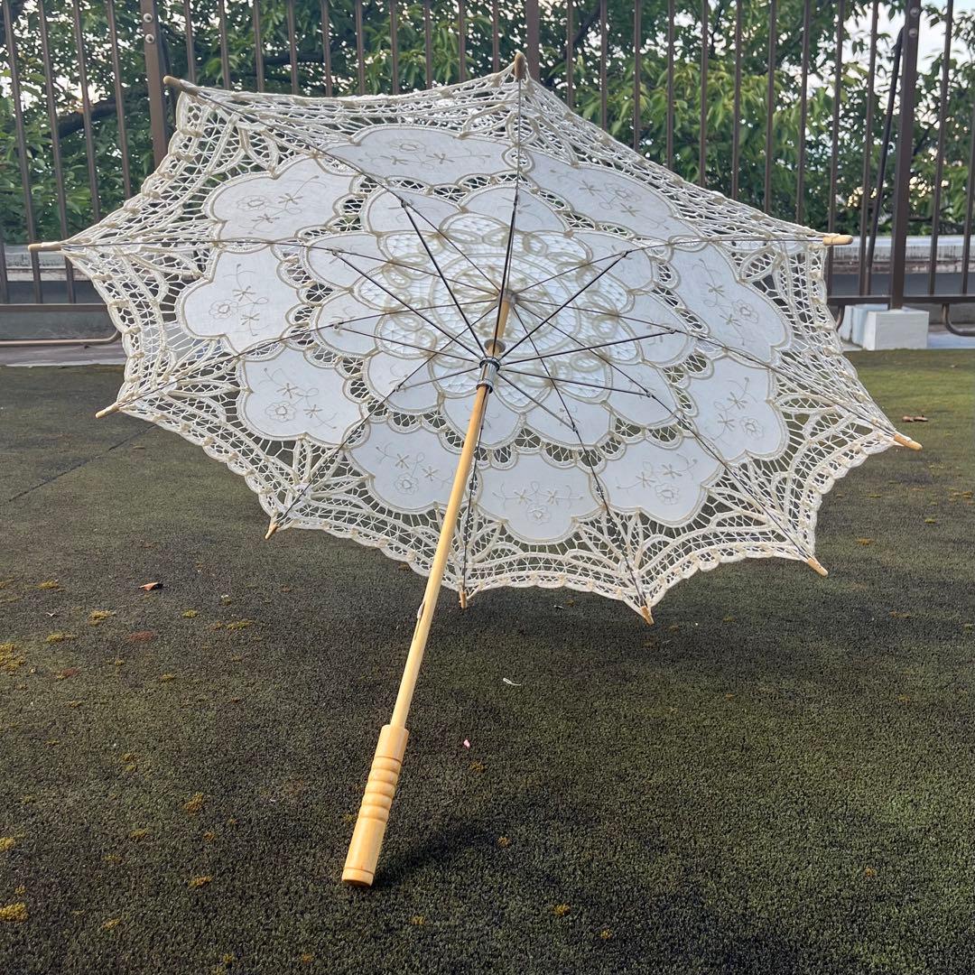 【未使用】ヴィンテージ アンティークレース長日傘/生成り木製