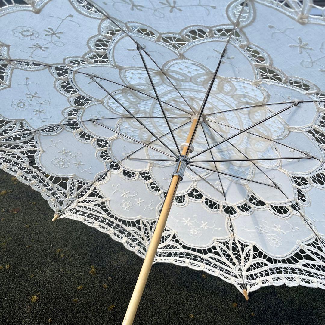 【未使用】ヴィンテージ アンティークレース長日傘/生成り木製