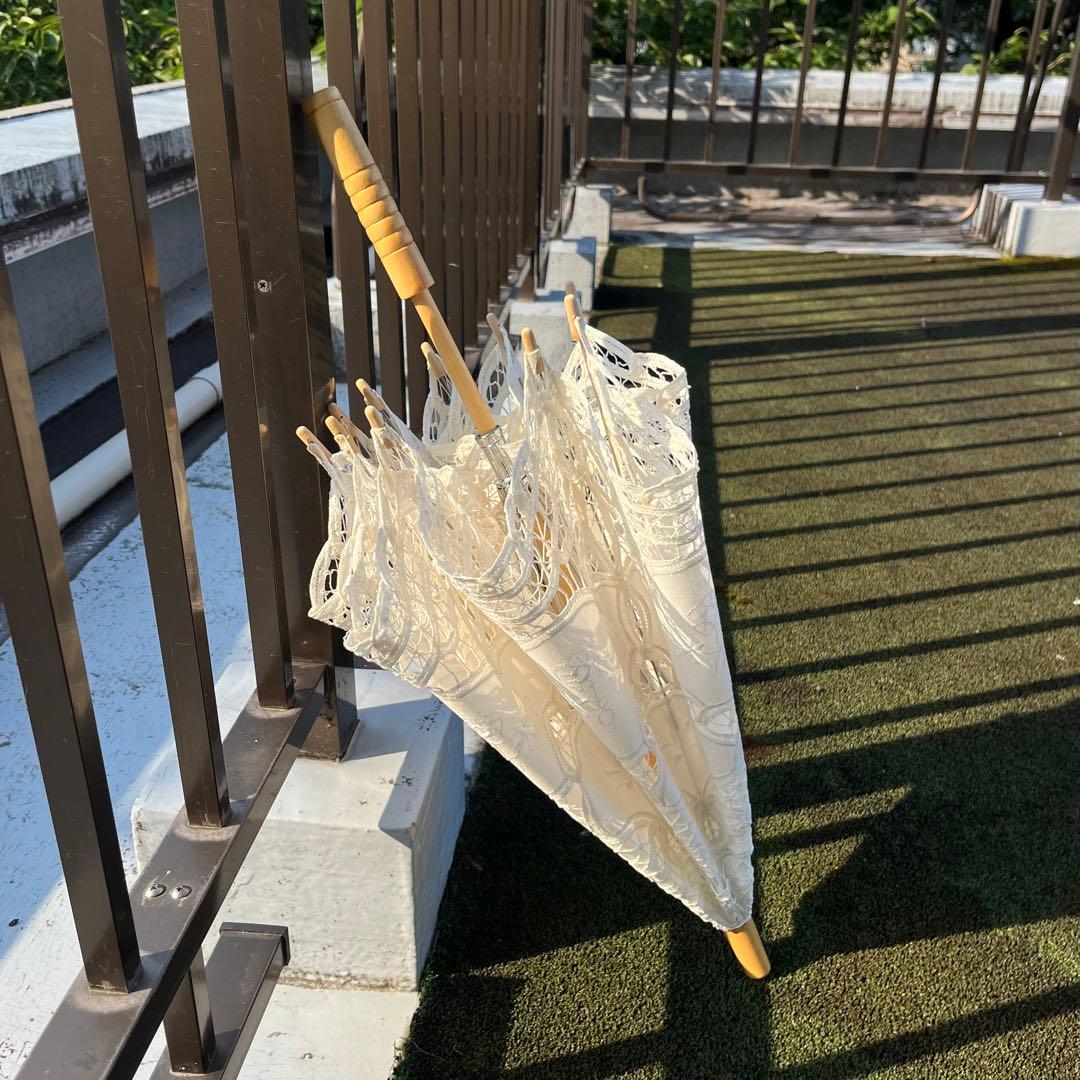 【未使用】ヴィンテージ アンティークレース長日傘/生成り木製