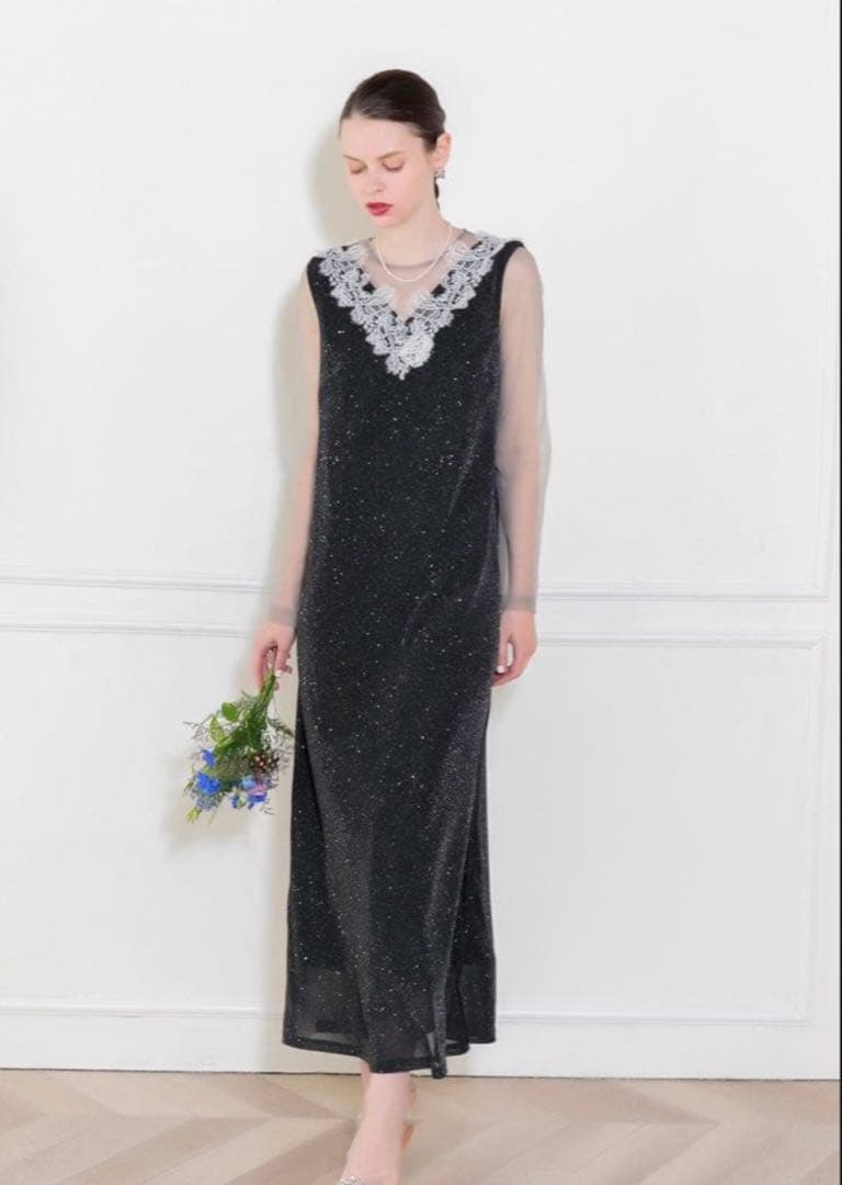 【LEJA】レースネック透け袖スリットキラキラロングドレスワンピース