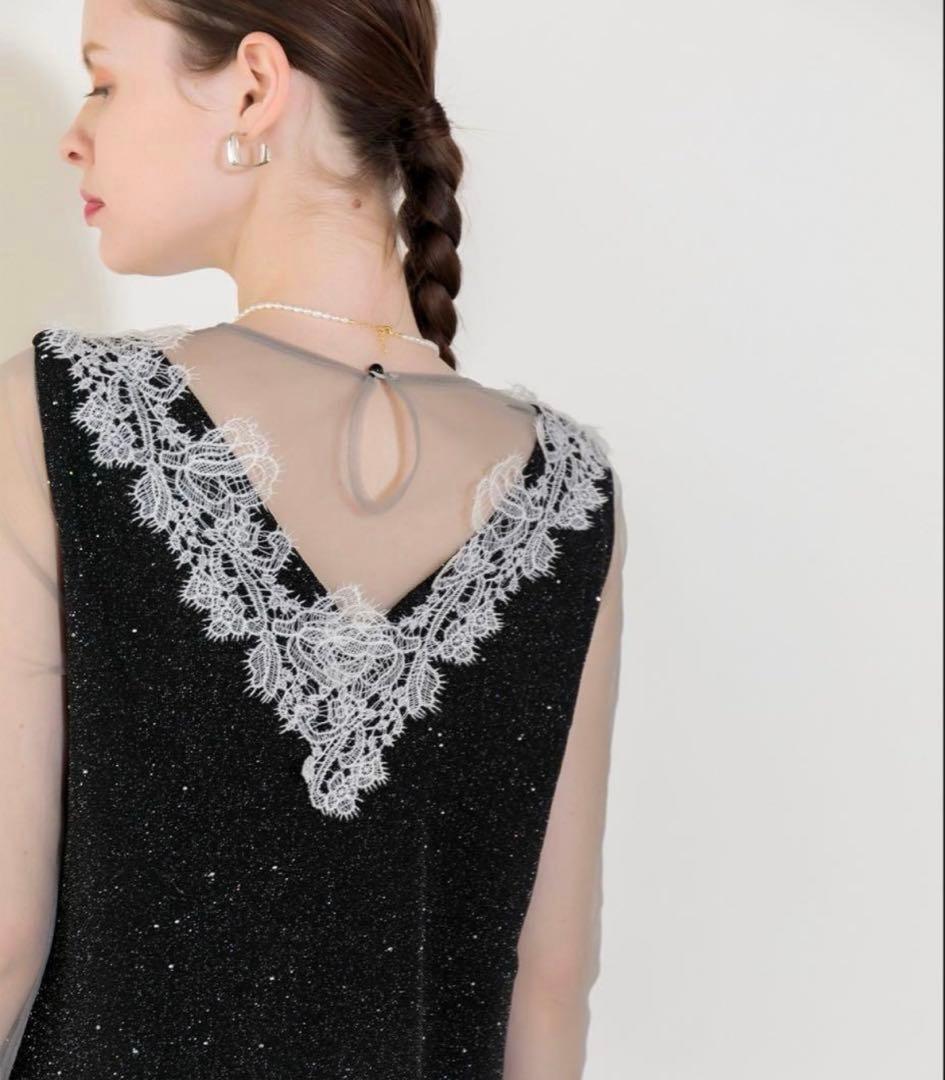 【LEJA】レースネック透け袖スリットキラキラロングドレスワンピース