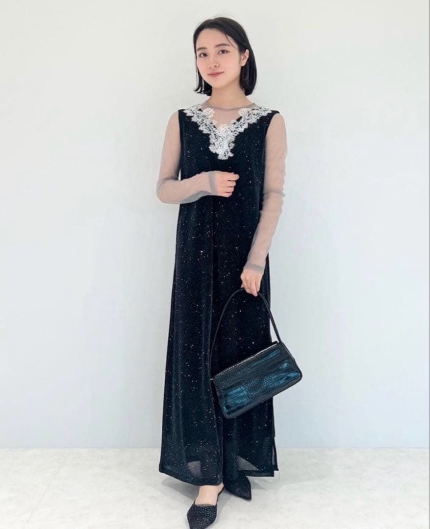 【LEJA】レースネック透け袖スリットキラキラロングドレスワンピース