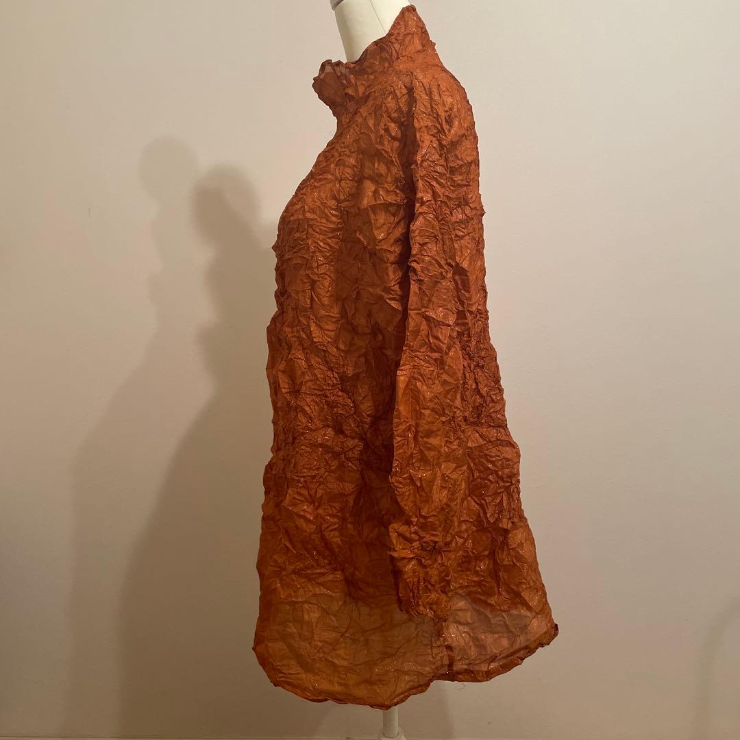 イッセイミヤケ　シルク100%オレンジ しわ加工 長袖チュニック