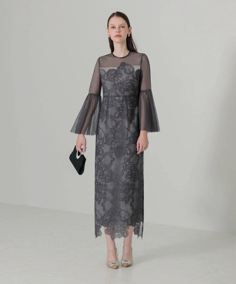 Leja シアープリーツスリーブIラインワンピースドレス グレー レーススリット