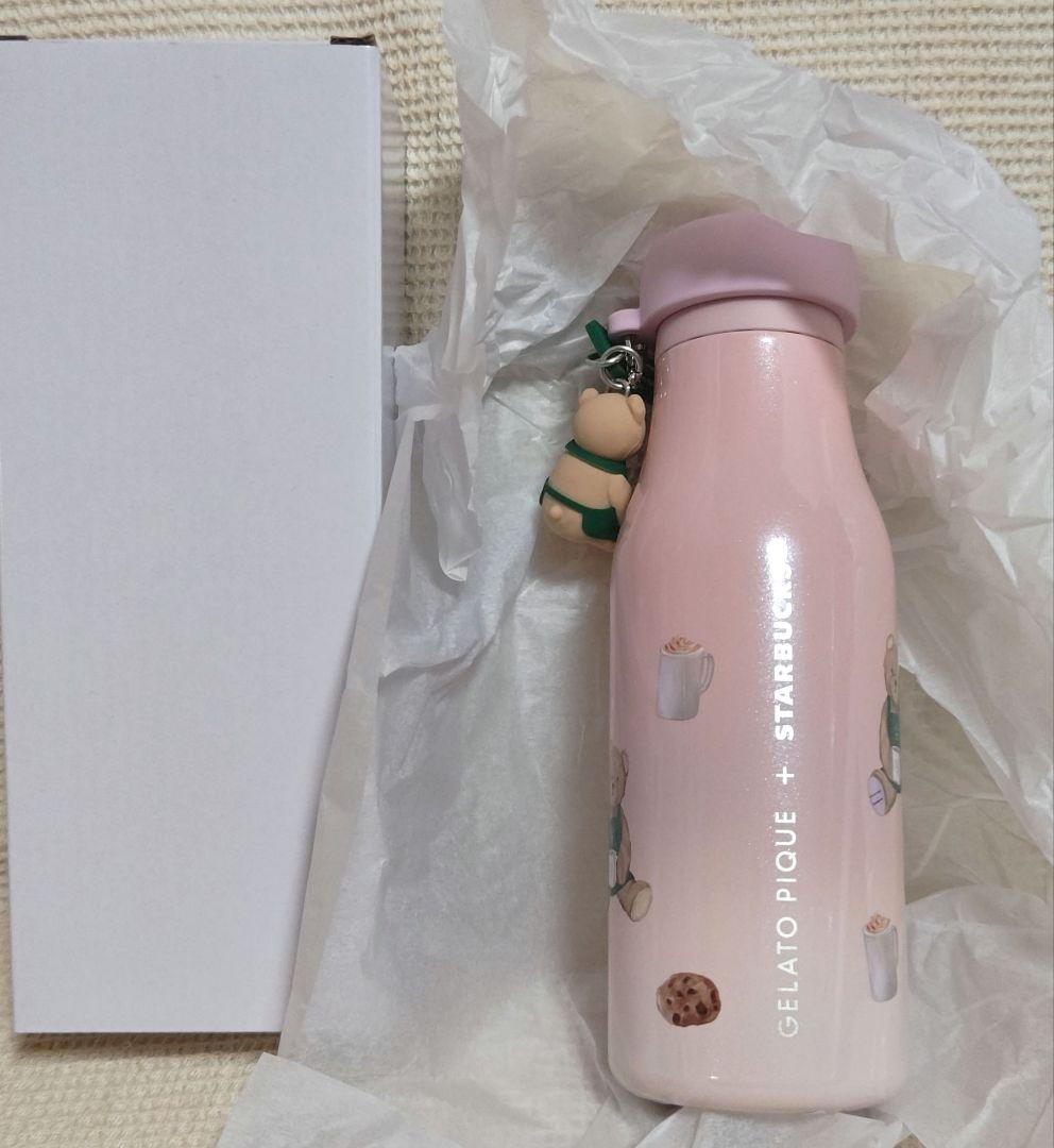 スタバ　ジェラピケ　リッドカバーベアチャーム付きステンレスボトル ソフトピンク