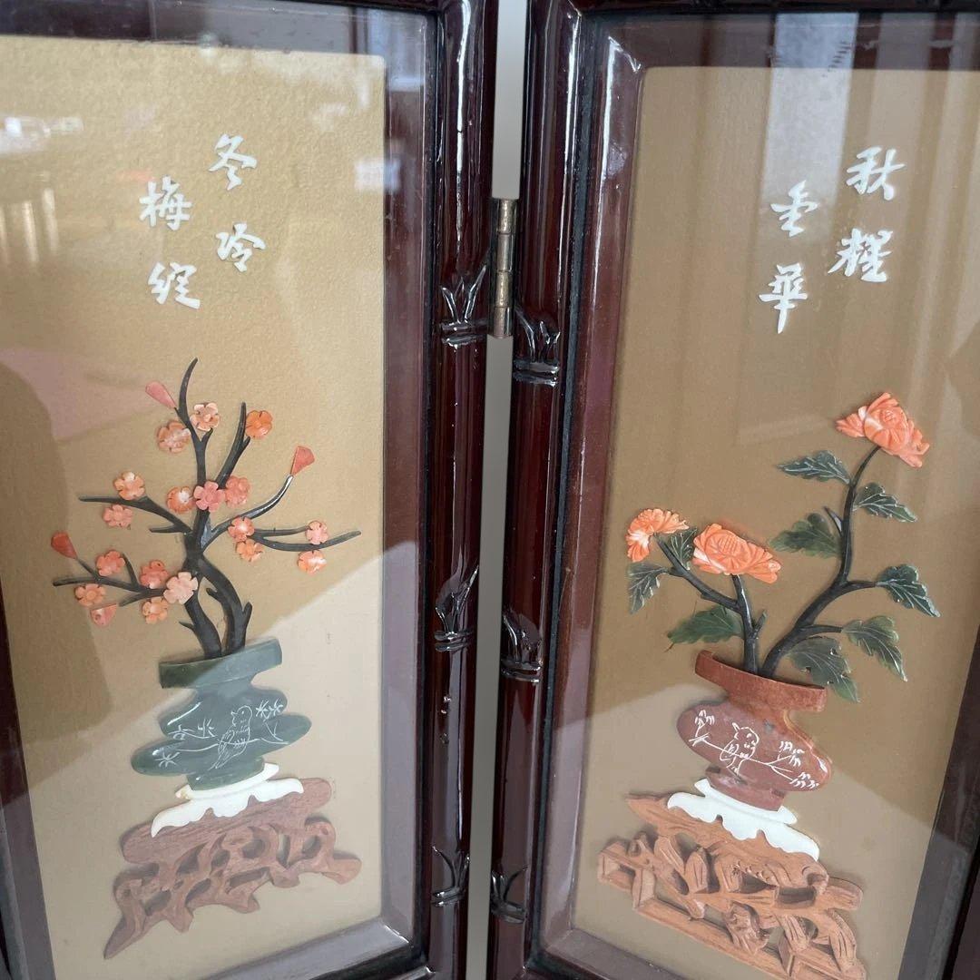 木製 花柄 屏風 ミニ衝立て 中国インテリア　置き物　約60.5㎝×45.5㎝