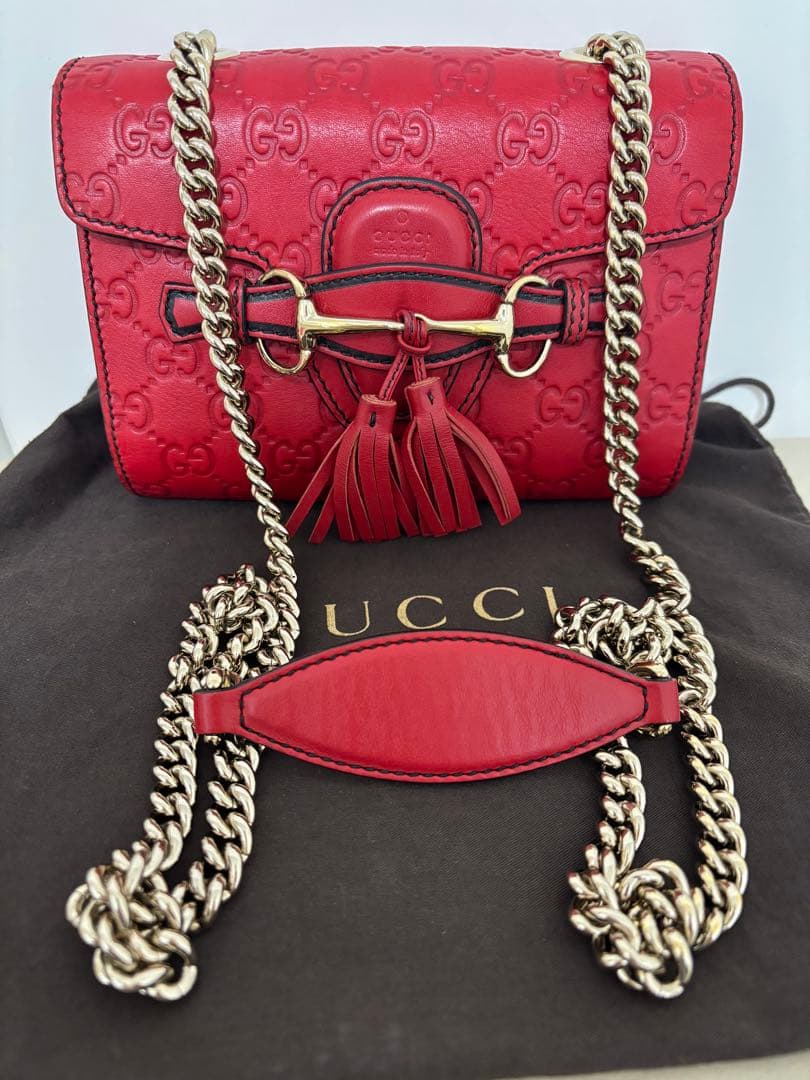 GUCCIグッチエミリー マイクロシマ GGシマ チェーンショルダーバッグレッド