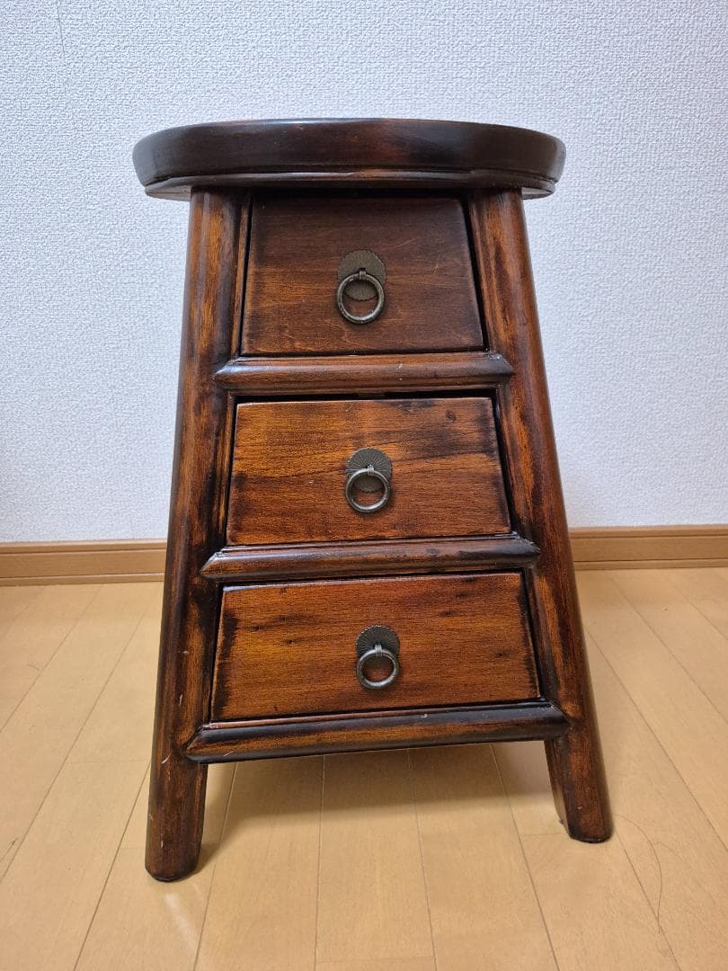 アンティーク　木製サイドテーブル 3段引出し ダークブラウン