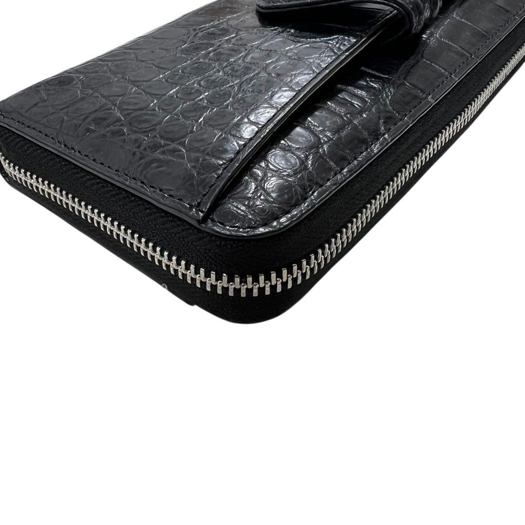 未使用品級 三宝 クロコダイル 長財布 ストーン付 ブラック L字ジップ 多収納