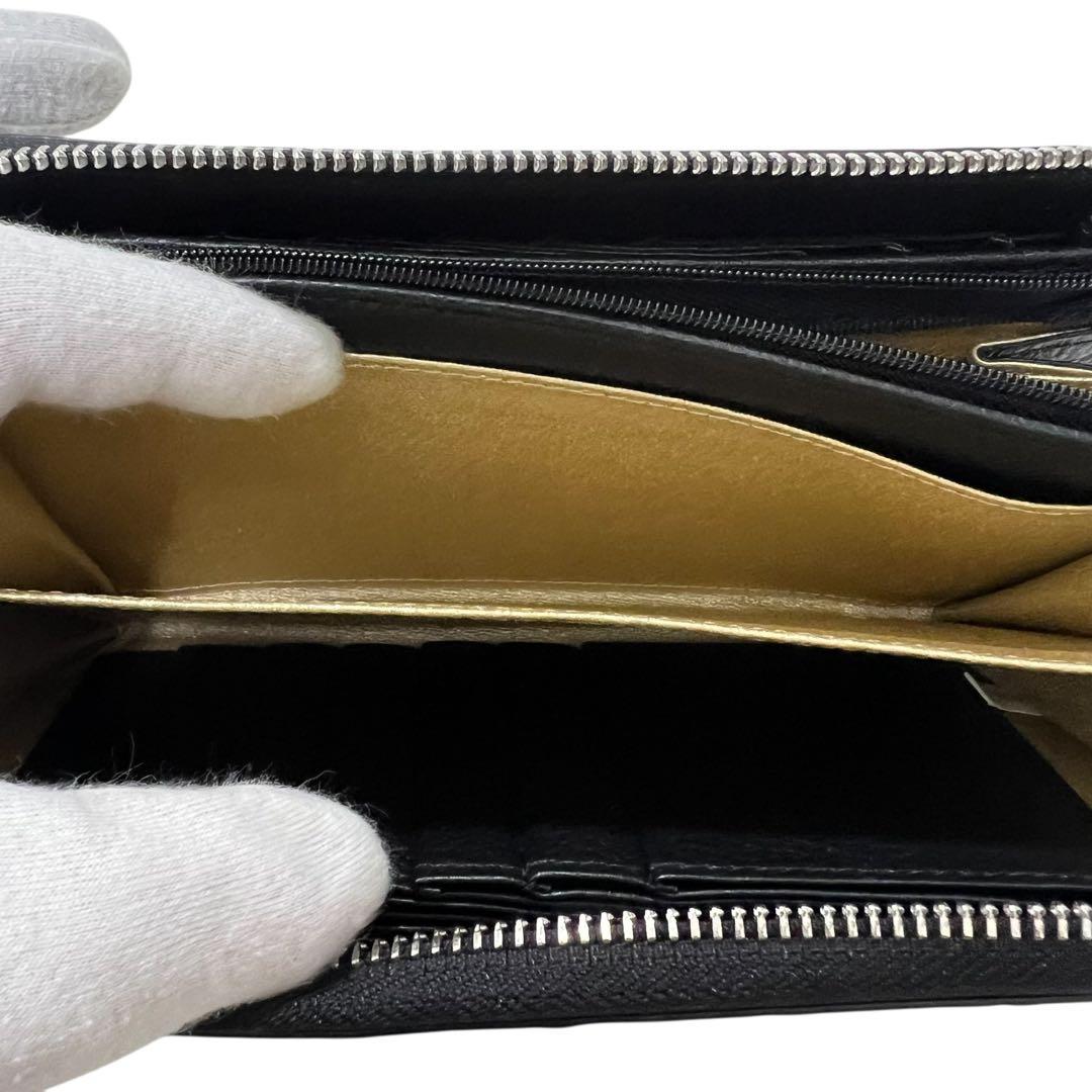 未使用品級 三宝 クロコダイル 長財布 ストーン付 ブラック L字ジップ 多収納