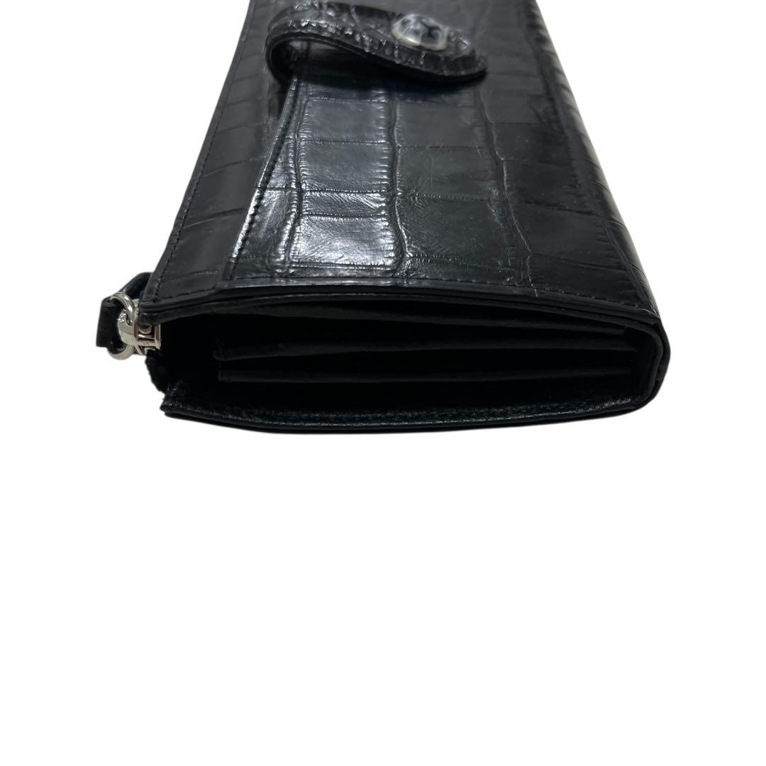 未使用品級 三宝 クロコダイル 長財布 ストーン付 ブラック L字ジップ 多収納