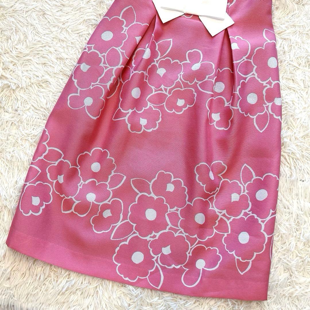 極美品✨エムズグレイシー　カメリアフレアワンピース　フラワープリント　リボン36