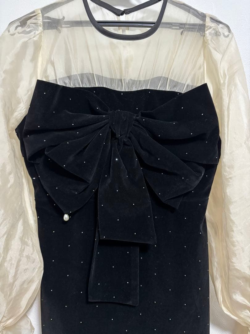 Chicoオケージョンドレス　配色シアーリボンベロアワンピース　ブラック系