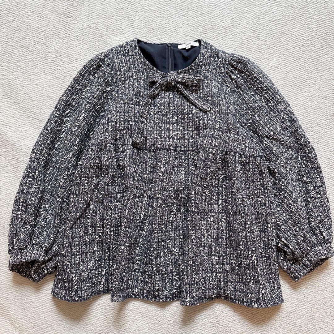 美品✨yori ヨリ リボンツイードブラウス ネイビー 38 日本製 完売品
