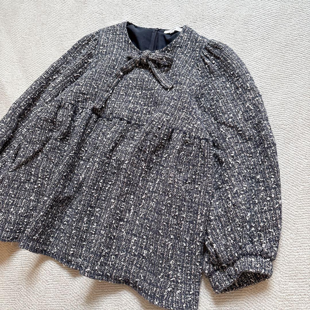 美品✨yori ヨリ リボンツイードブラウス ネイビー 38 日本製 完売品